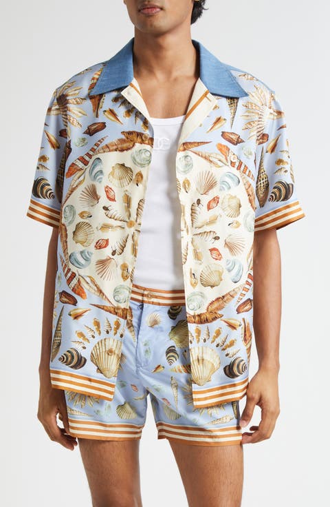 Seashell Print Mixed Media Camp Shirt