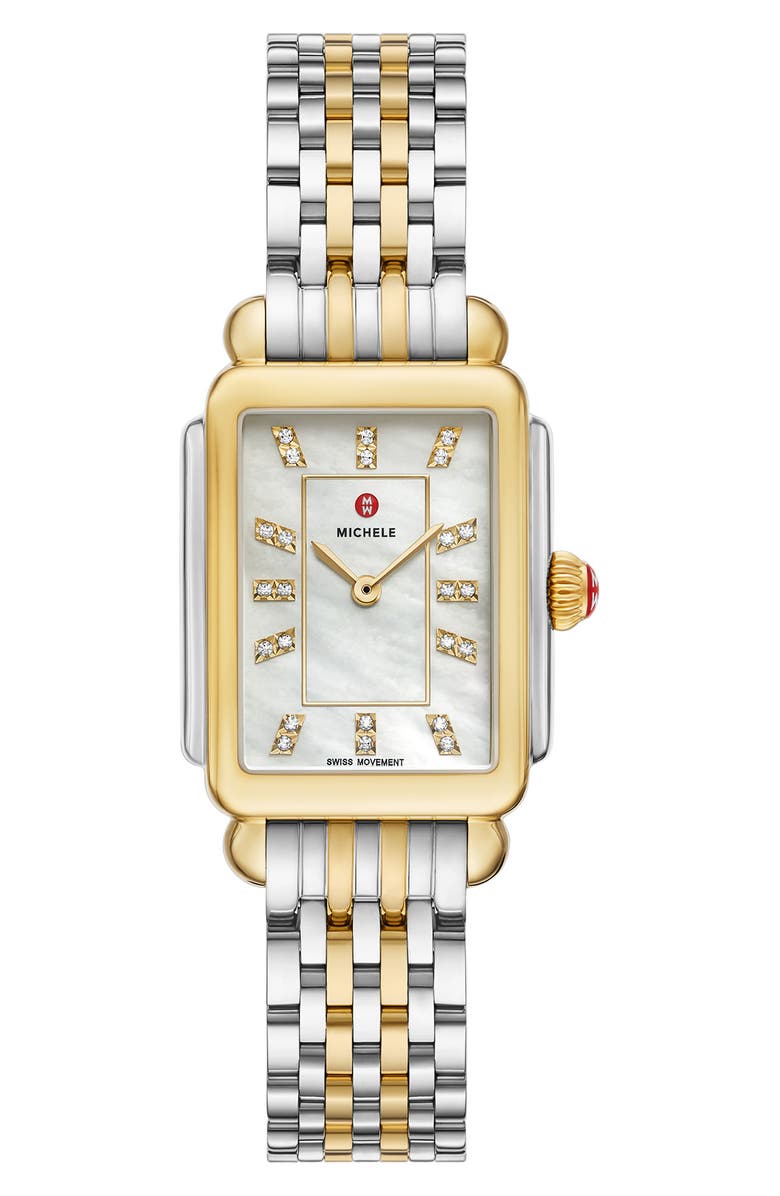 MICHELE Deco Courbe Diamond & 18K Gold Plate Bracelet Watch, 26mm x 32mm, Main, color, Two Tone