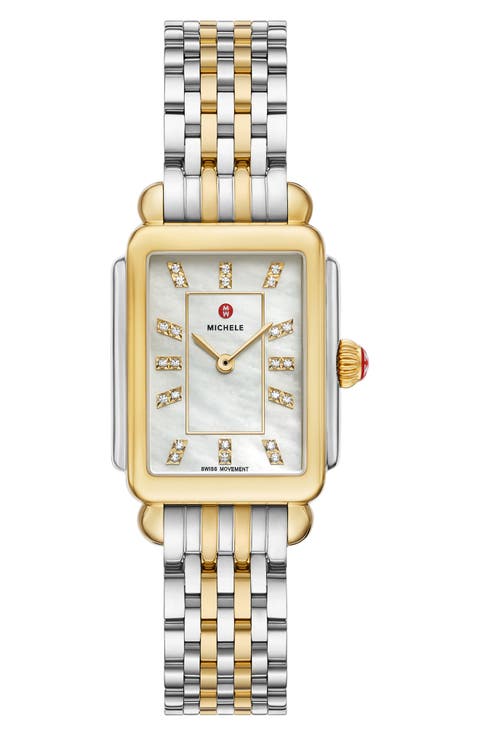 Deco Courbe Diamond & 18K Gold Plate Bracelet Watch, 26mm x 32mm