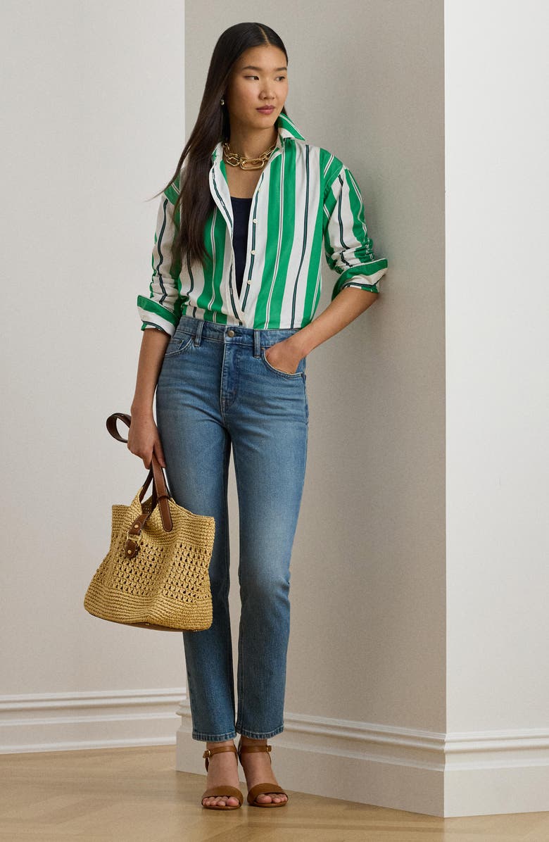 Lauren Ralph Lauren Stripe Cotton Button-Up Shirt, Alternate, color, Green/ Blue/ White