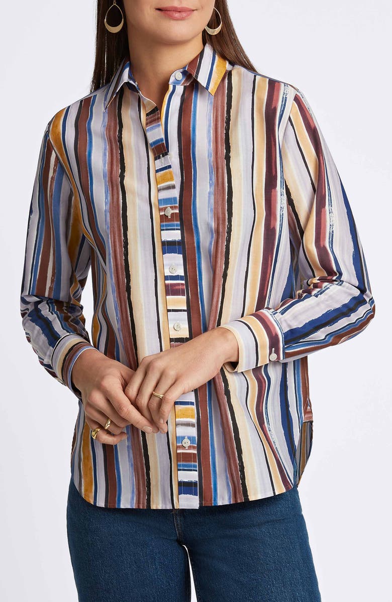 Foxcroft Meghan Watercolor Stripe Cotton Button-Up Shirt, Main, color, Blue Stripe