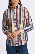 Foxcroft Meghan Watercolor Stripe Cotton Button-Up Shirt