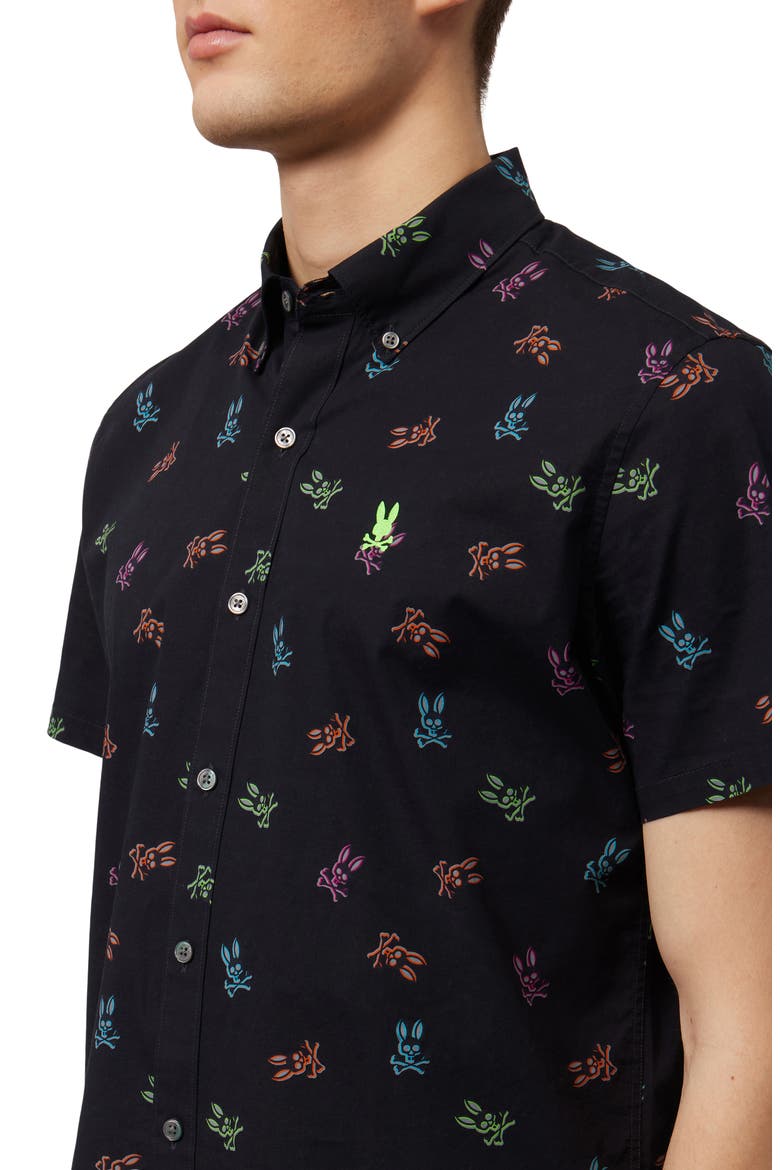 Bunny Print Stretch Short Sleeve Button-Down Shirt, Alternate, color, BLACK