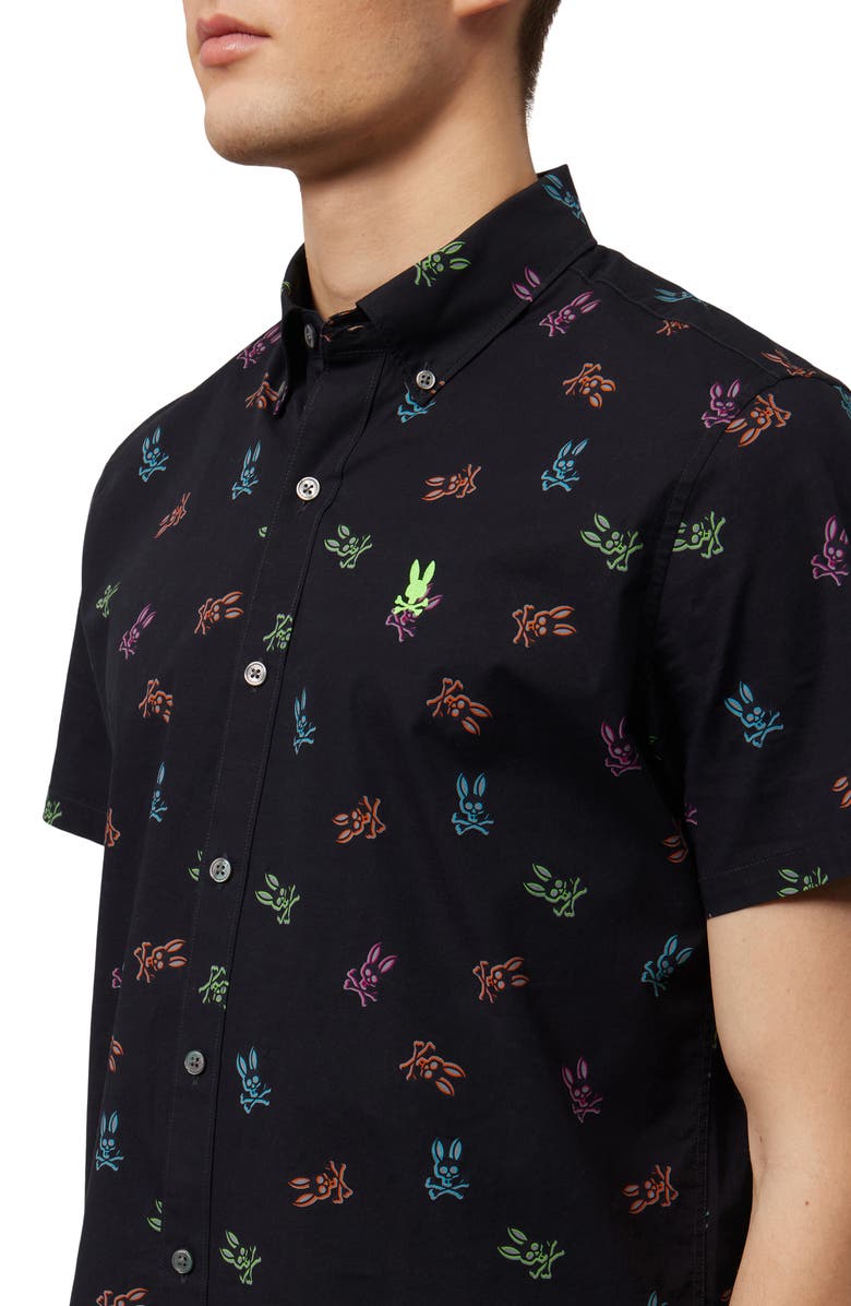 Psycho Bunny Bunny Print Stretch Short Sleeve Button-Down Shirt, Alternate, color, 