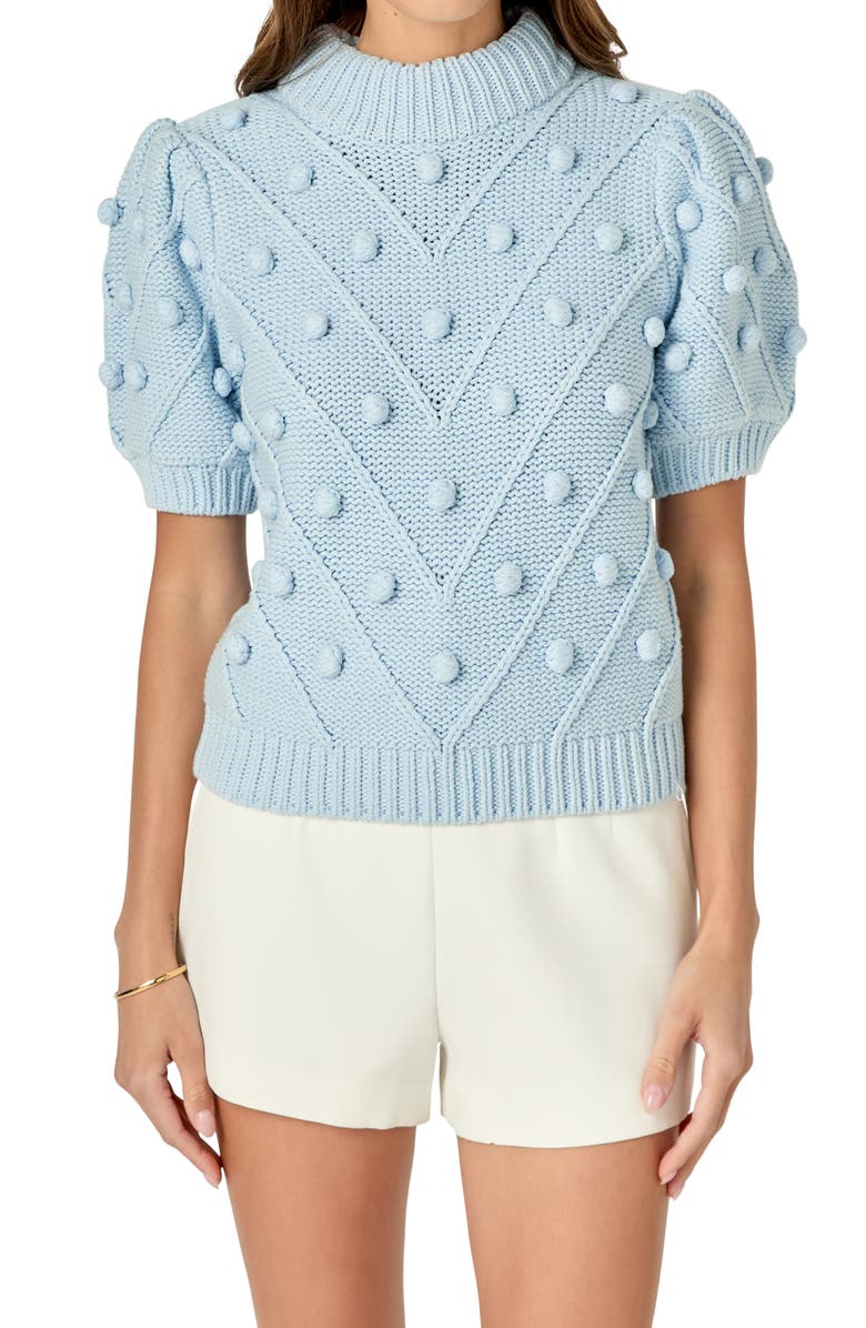 English Factory Pompom Puff Sleeve Sweater, Main, color, Powder Blue