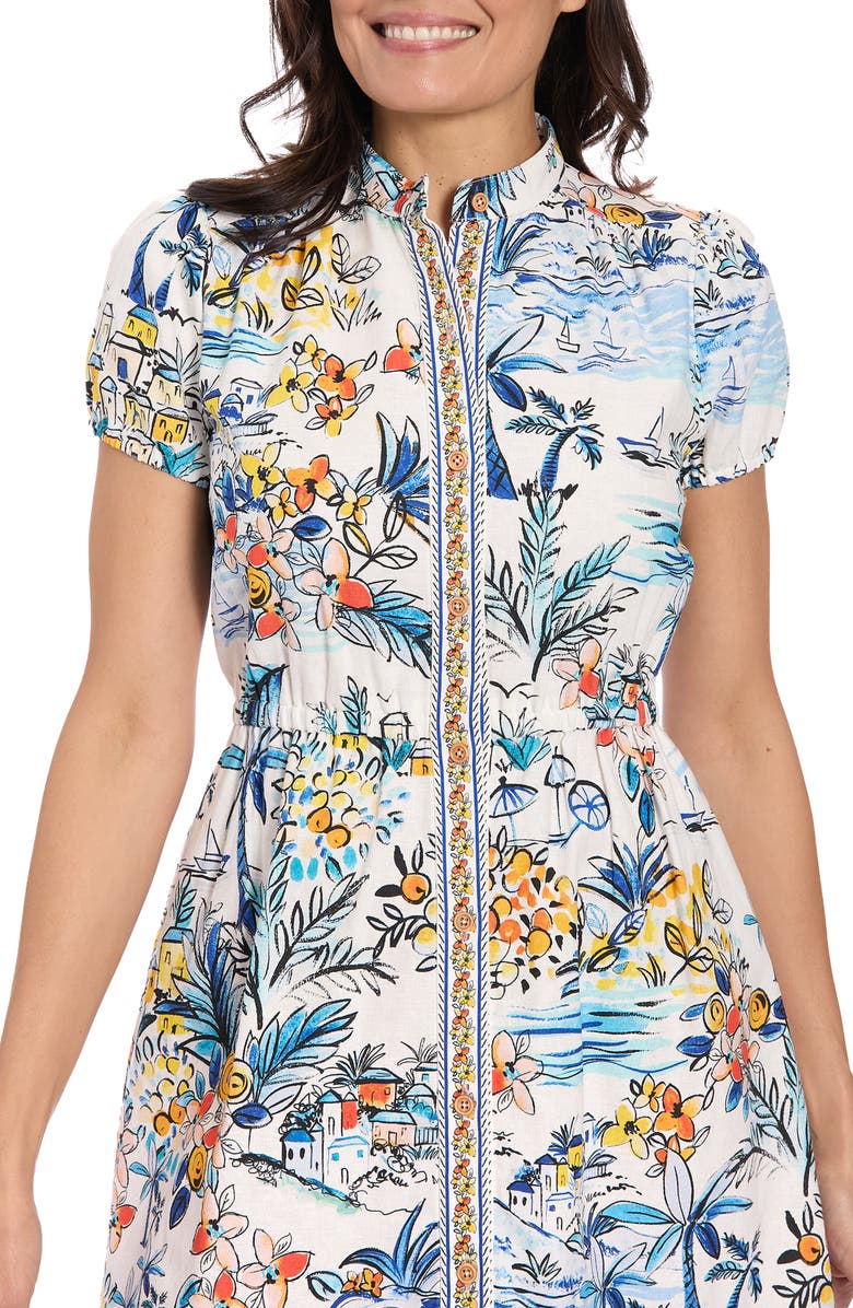 London Times Puff Sleeve Linen Blend Dress, Alternate, color, Cream/ Blue