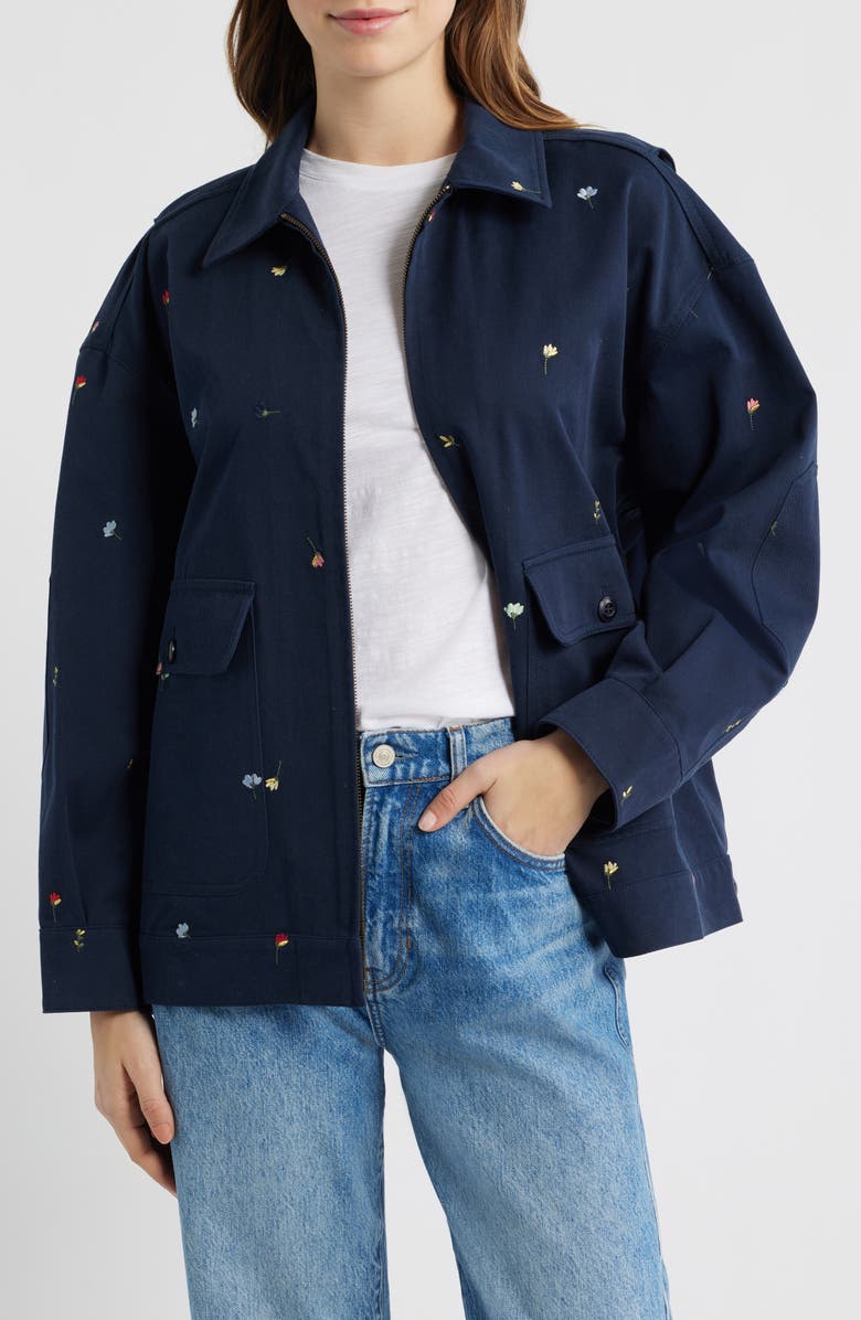 THE GREAT. The Folsom Floral Chore Jacket, Main, color, Navy