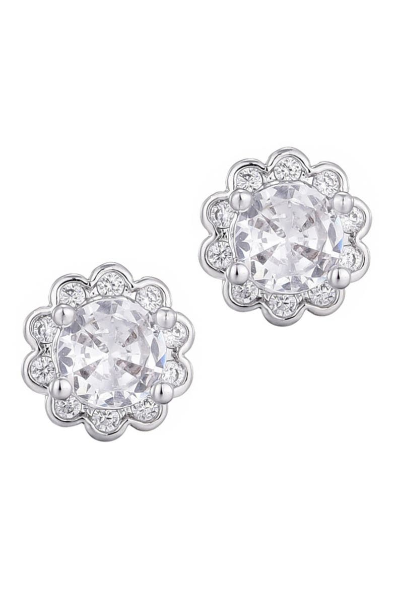 Cubic Zirconia Floral Halo Stud Earrings, Main, color, SILVER