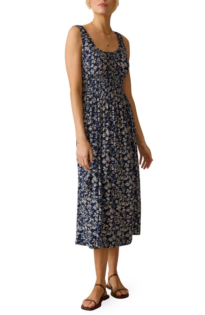 Faherty Sunseeker Smocked Waist Midi Dress, Main, color, Juniper Ikat Floral