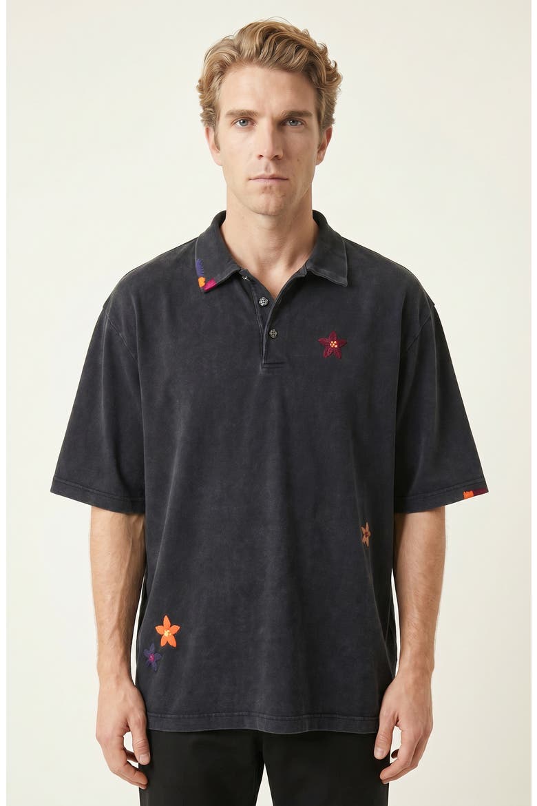 Relaxed Fit Floral Embroidered Polo Shirt with Washed Finish, Main, color, Black