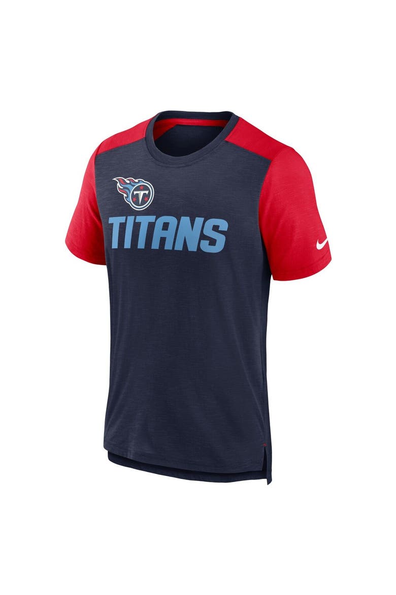 Men's Nike Heathered Navy/Heathered Red Tennessee Titans Color Block Team Name T-Shirt, Alternate, color, Heather Navy