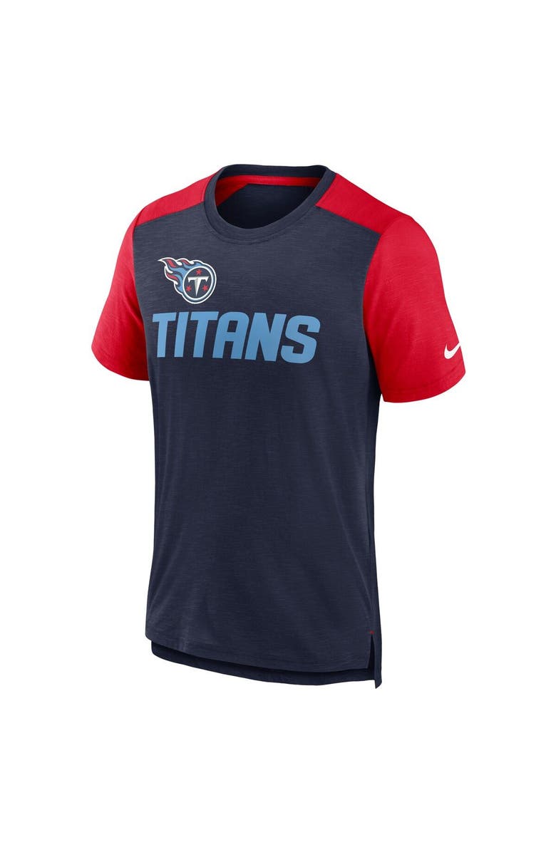 Nike Men's Nike Heathered Navy/Heathered Red Tennessee Titans Color Block Team Name T-Shirt, Alternate, color, Heather Navy