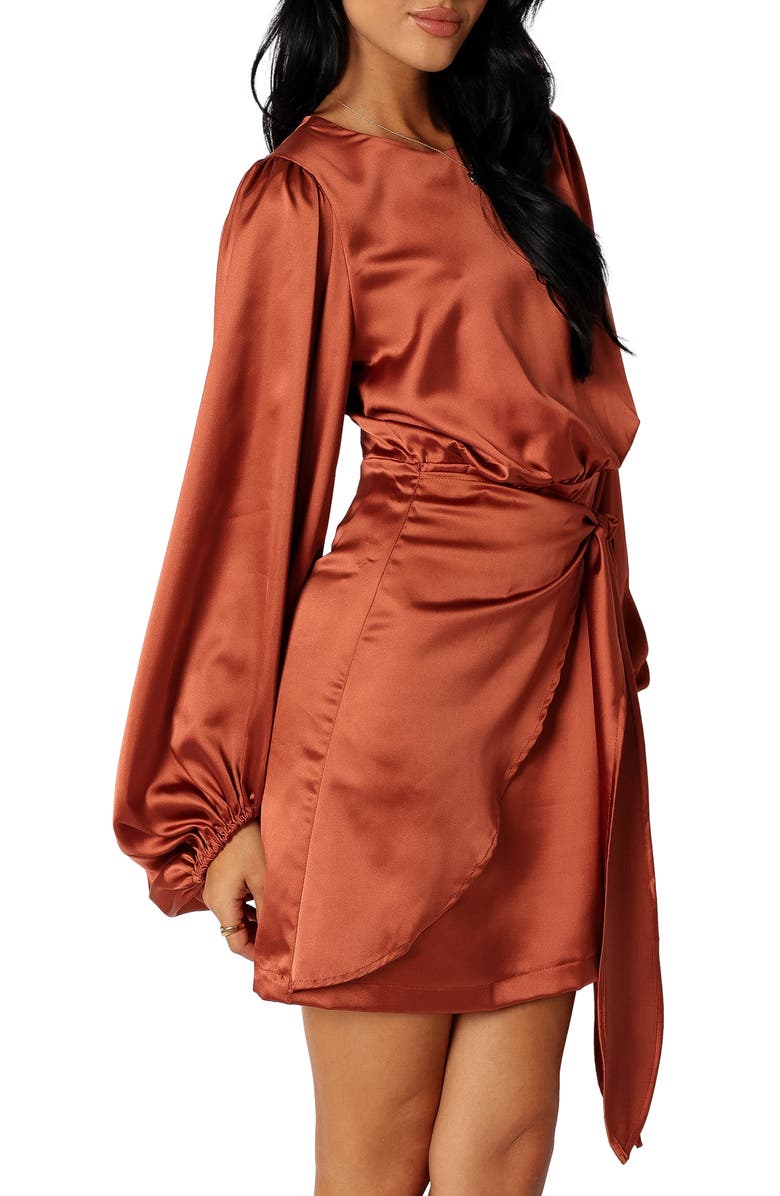 Petal & Pup Opal Tie Waist Long Sleeve Satin Minidress, Alternate, color, Rust