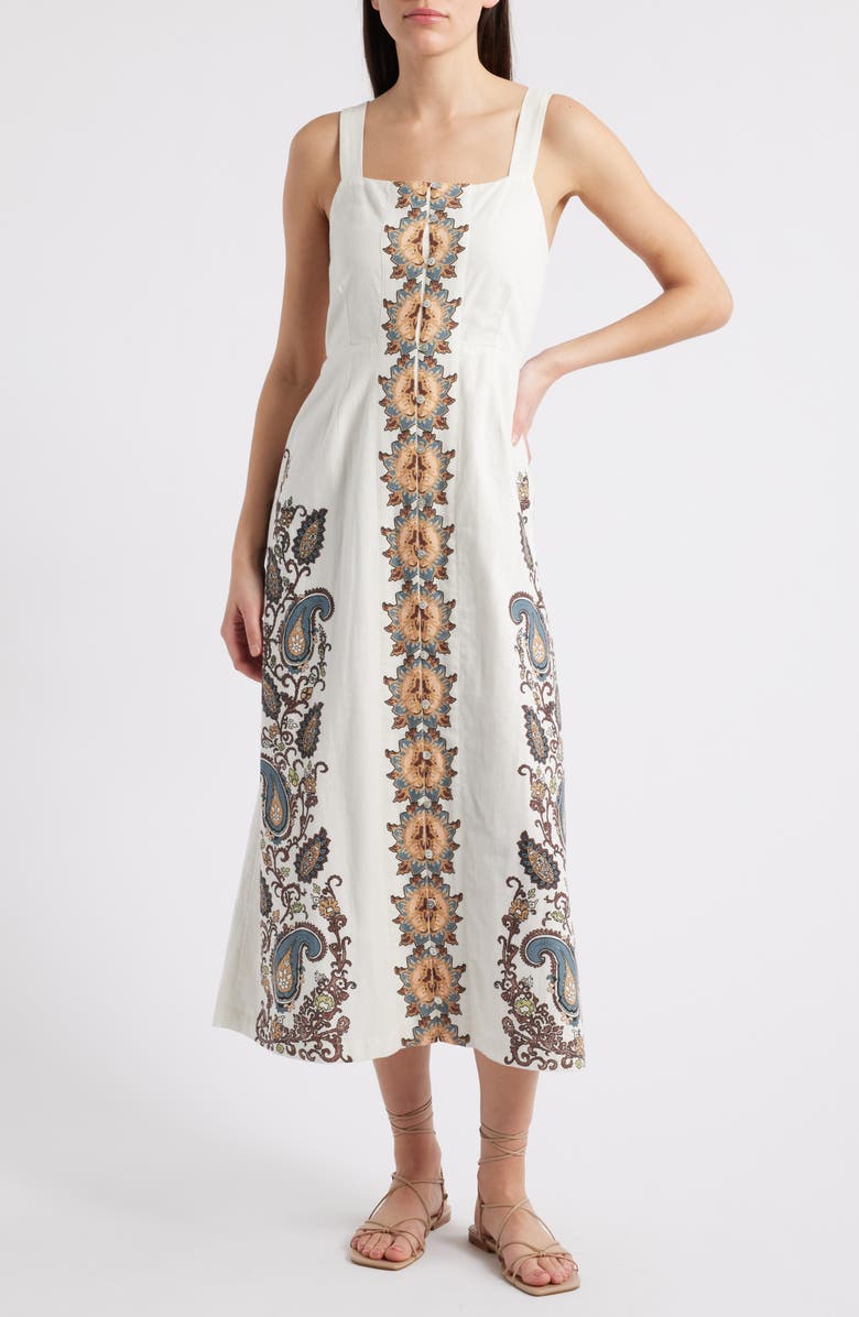 Cleobella Jolene Placement Print Cotton & Linen Midi Sundress, Main, color, Veneto Paisley Print
