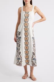 Cleobella Jolene Placement Print Cotton & Linen Midi Sundress