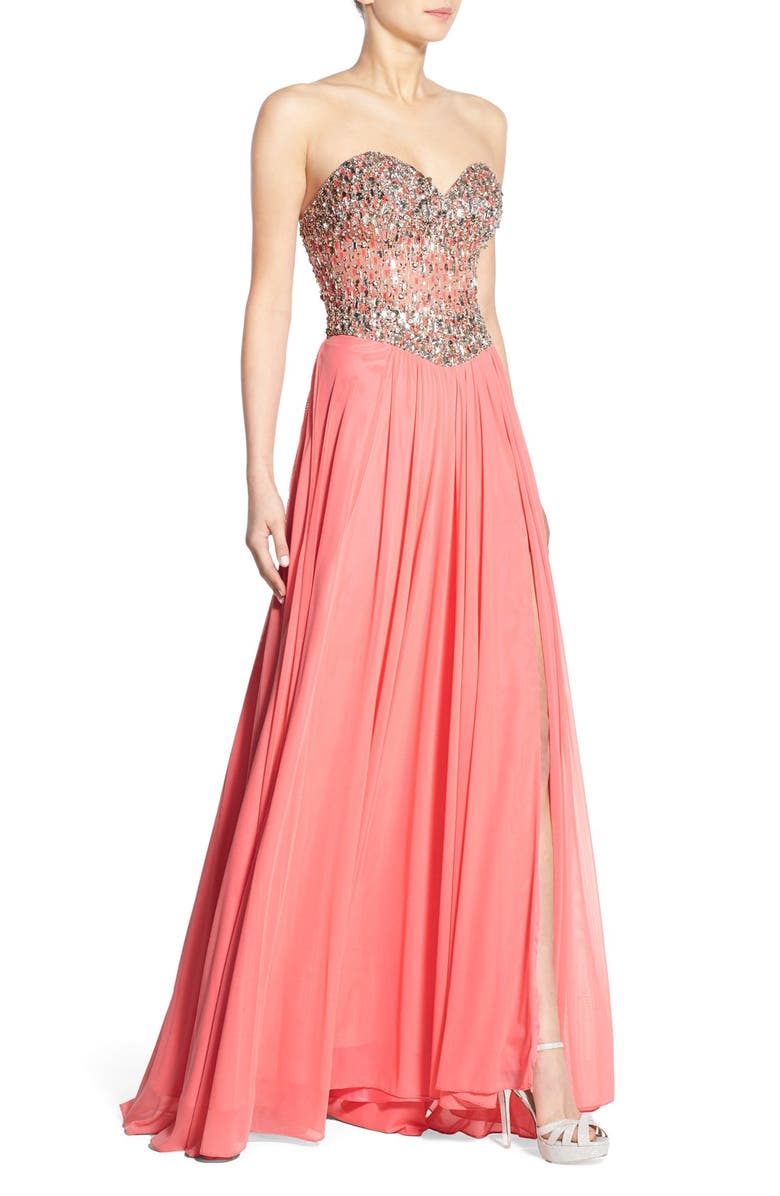 Glamour by Terani Couture Embellished Mesh Fit & Flare Gown, Alternate, color,