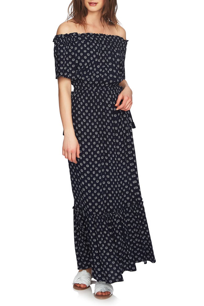 Off the Shoulder Cinched Waist Maxi Dress, Main, color, NIGHT NAVY