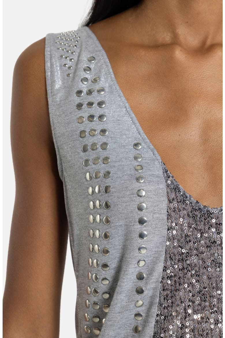 Studded Sequin Plunge Neck Tank, Alternate, color, GREY