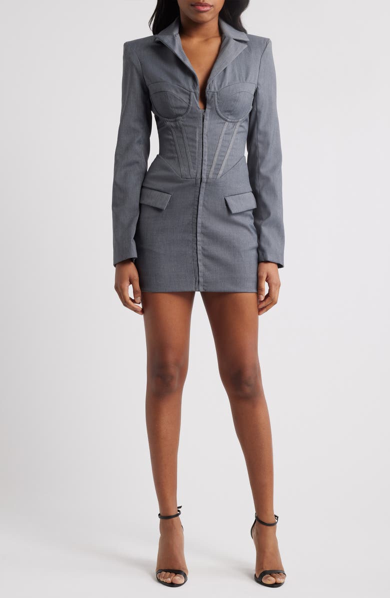 Mistress Rocks Corset Long Sleeve Blazer Minidress, Main, color, Dove Grey