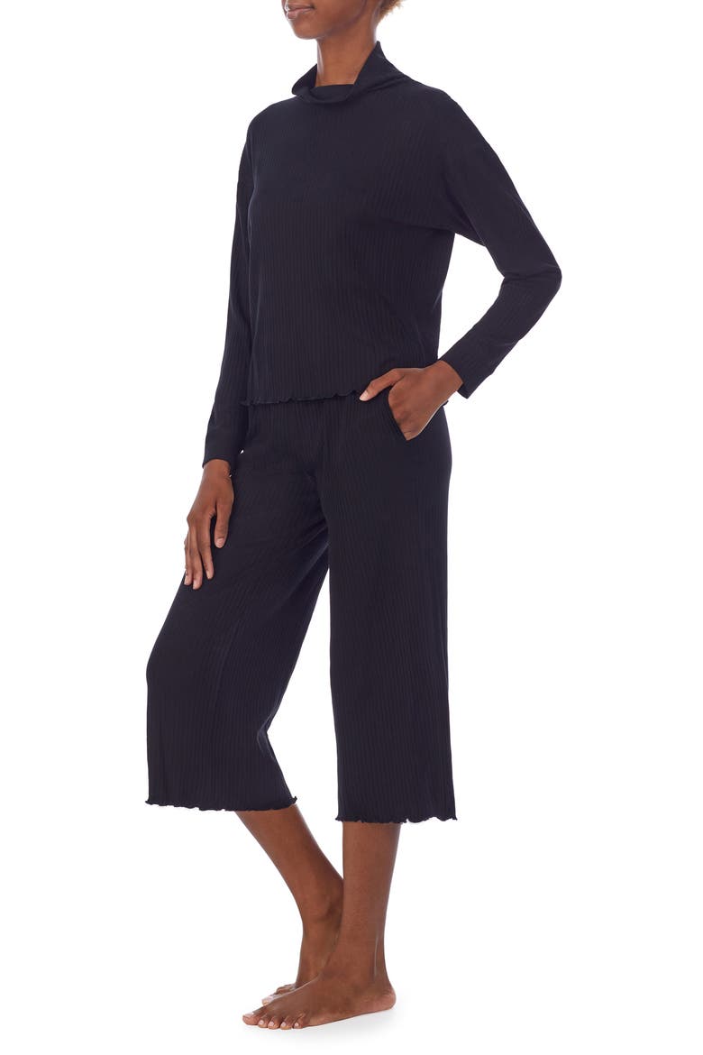 Rib Mock Neck Crop Pajamas, Alternate, color, BLACK