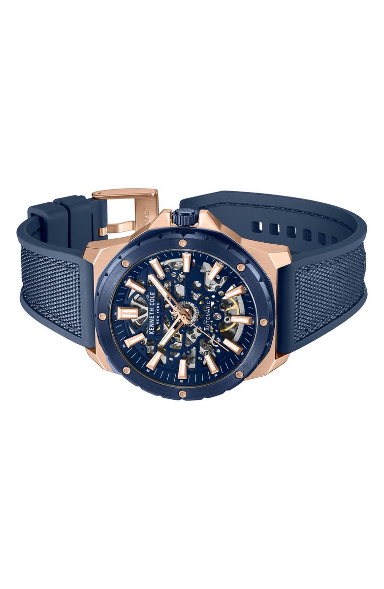 Kenneth Cole New York The Hollis Skeleton Automatic Silicone & Nylon Strap, 45mm, Alternate, color, Navy / Blue Dark