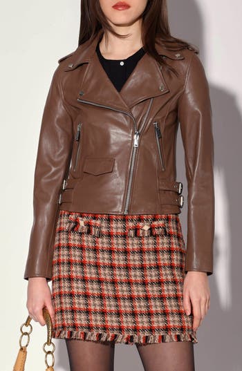 Walter Baker Liz Leather Crop Moto Jacket In Brown