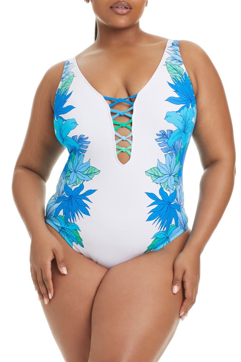 Mio Lace Down One-Piece Swimsuit, Main, color, COOL