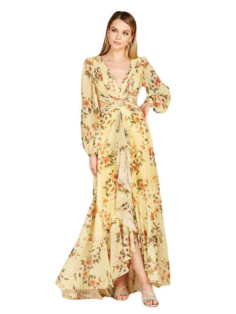 Long Sleeve V-Neck, Layered Skirt Print Dress