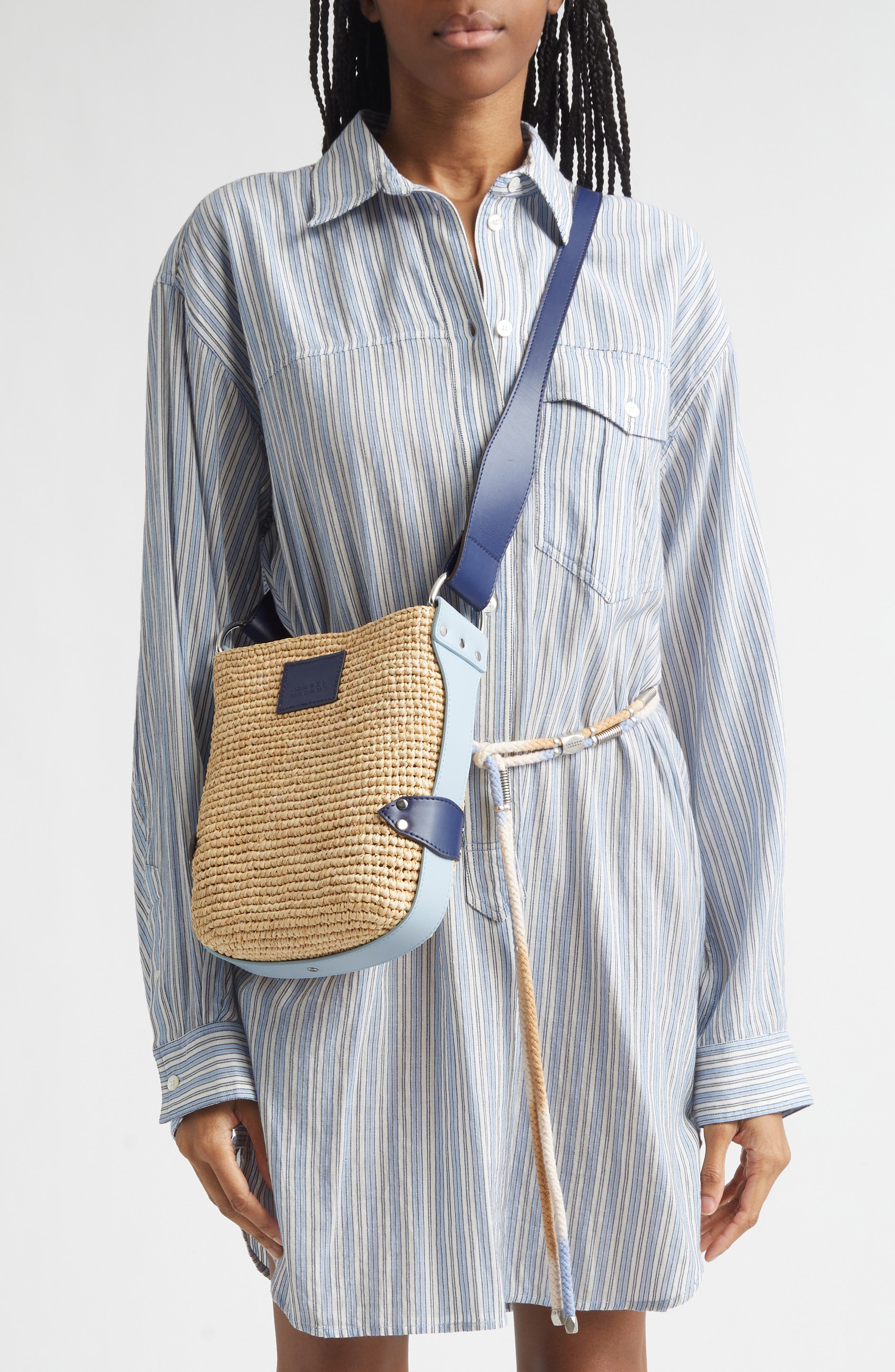 Isabel Marant Mini Bayia Raffia Bucket Bag, Alternate, color, Natural/ Blue