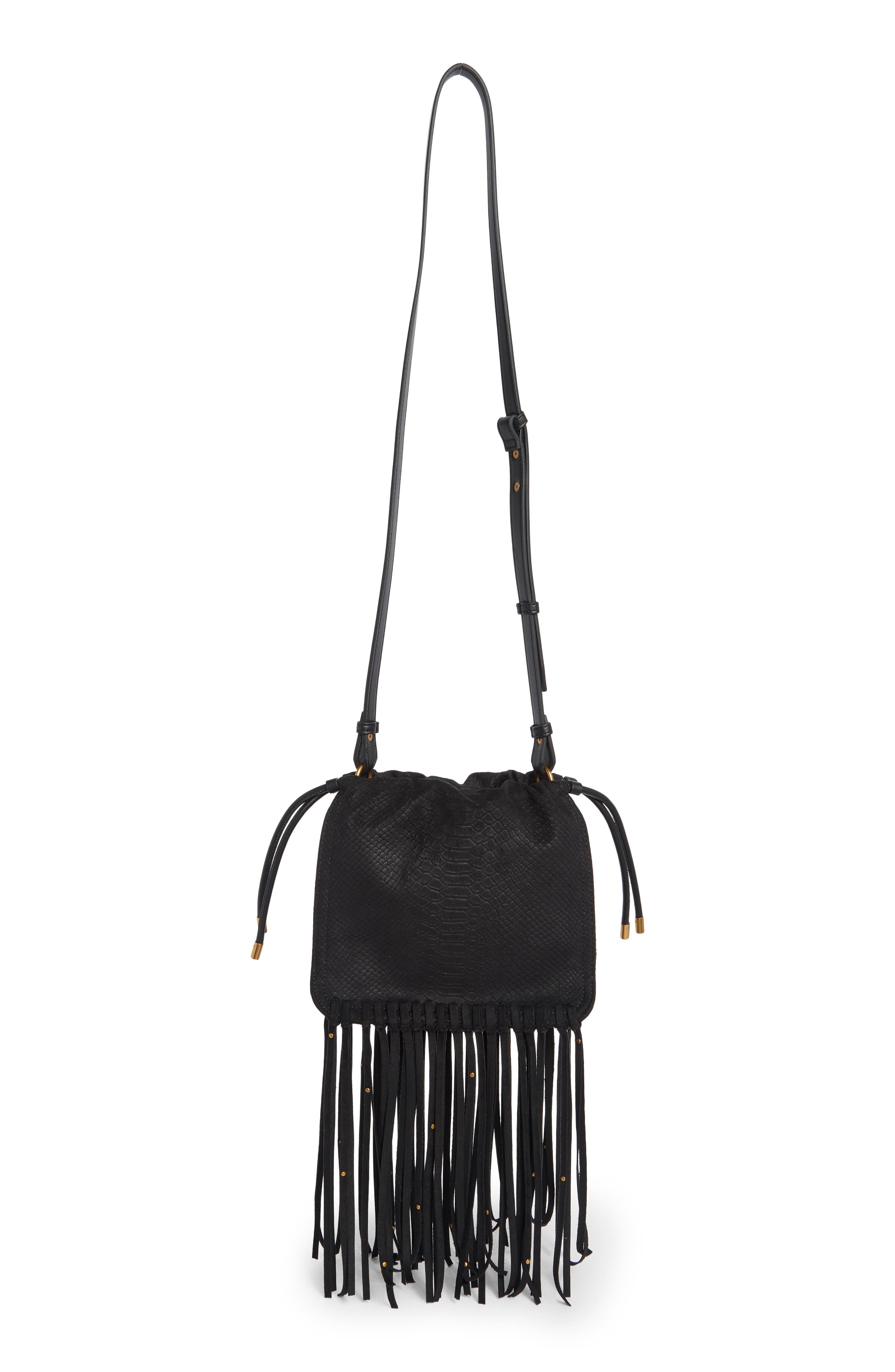 BCarolina Snake Embossed Faux Leather Fringe Crossbody Bag, Alternate, color, BLACK SNAKE EMBOSS SUEDE