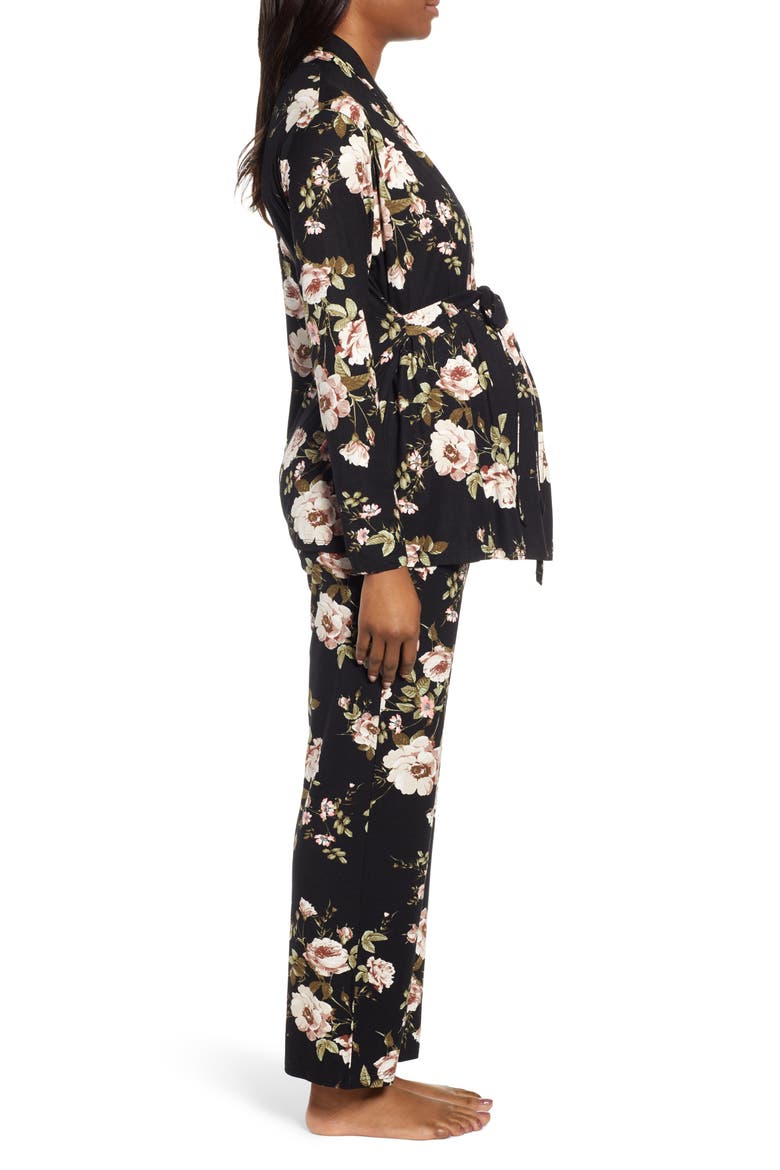 Floral Maternity/Nursing Pajamas, Alternate, color, BLACK