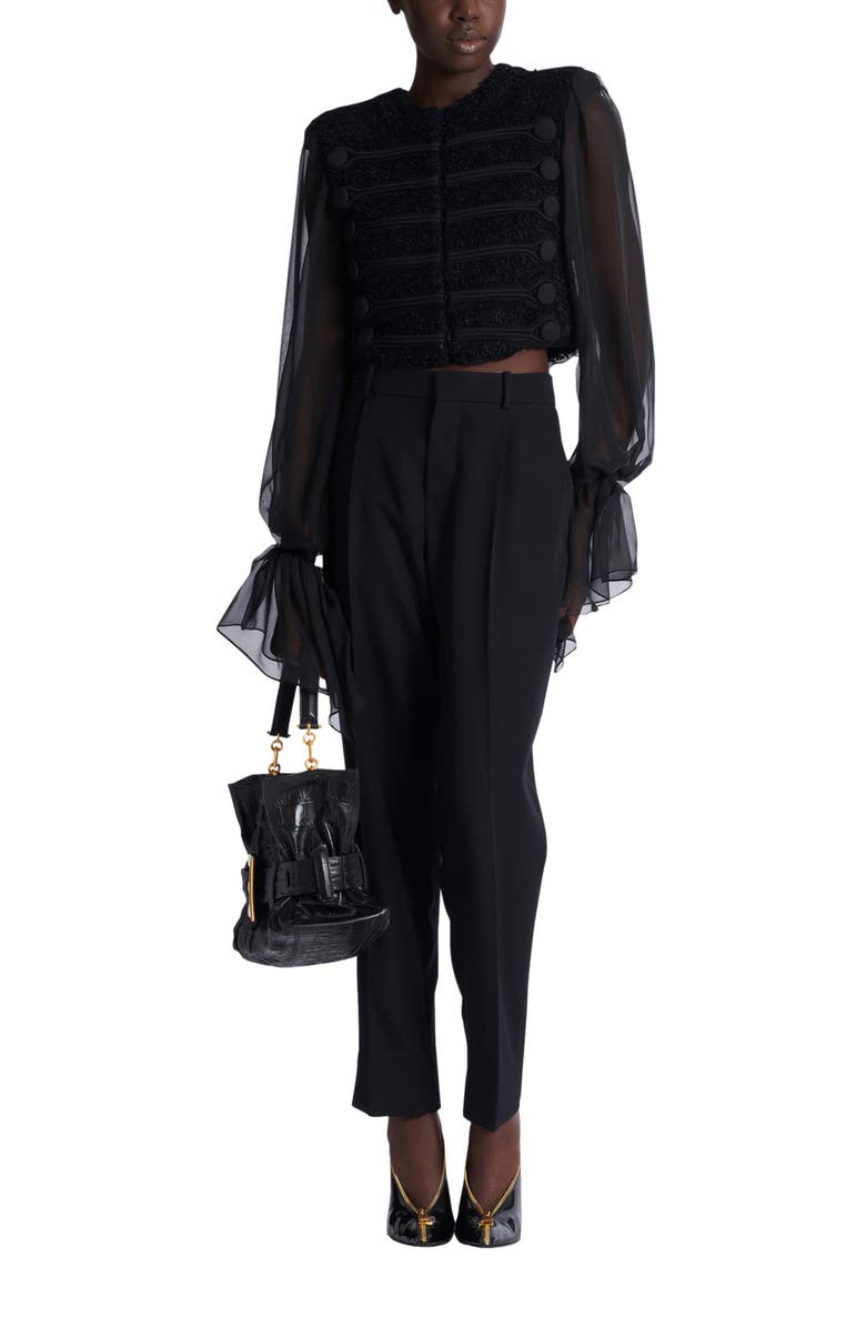 Balmain Edge-To-Edge Tweed And Chiffon Jacket, Alternate, color,