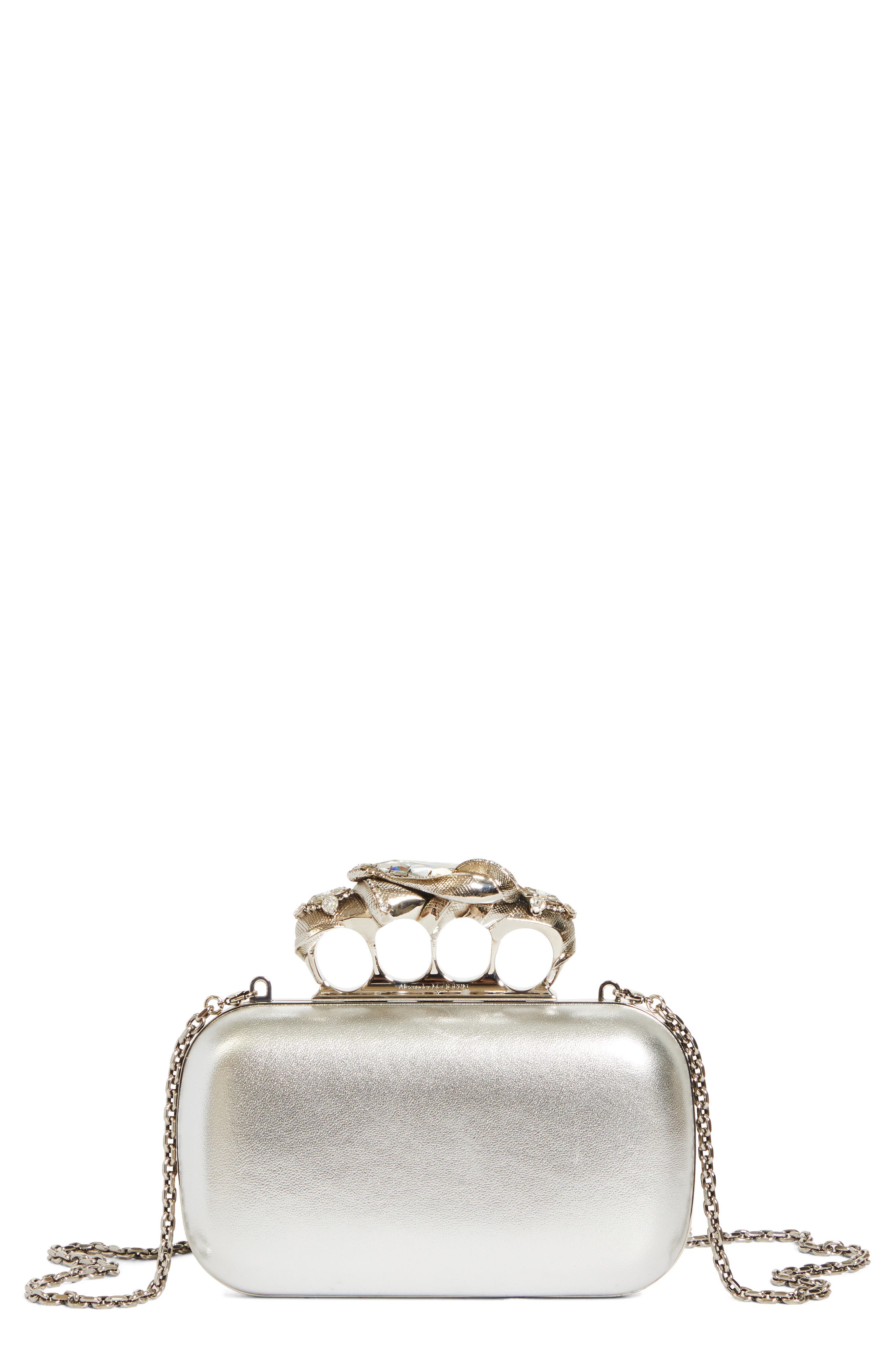 McQueen Metallic Leather Four-Ring Box Clutch, Main, color, 
