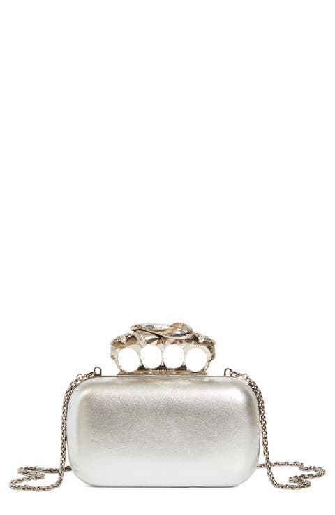 Metallic Leather Four-Ring Box Clutch