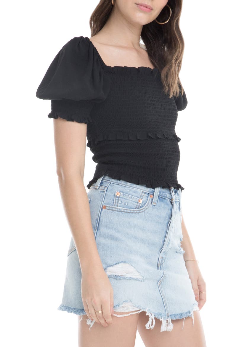 Glenna Smocked Puff Sleeve Top, Alternate, color, BLACK