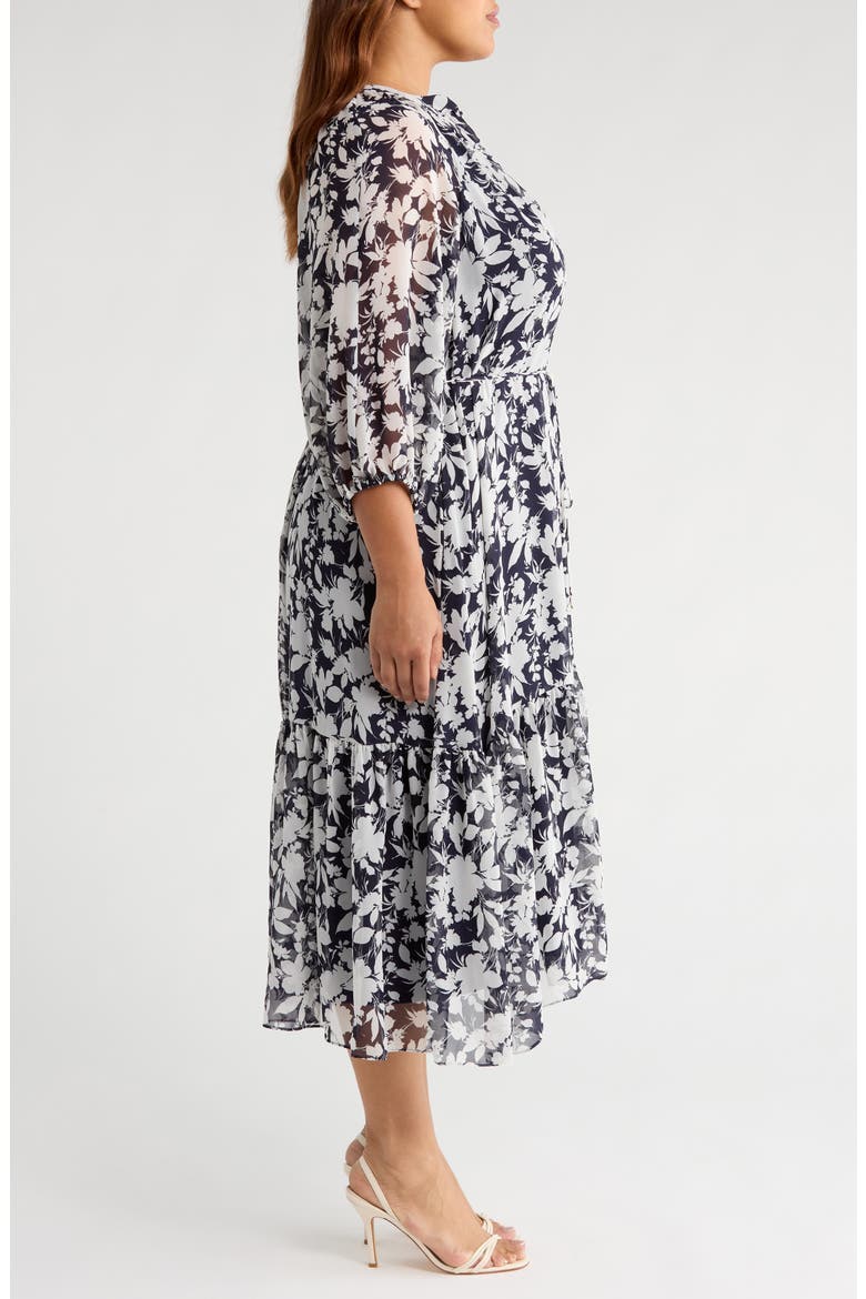 Puff Sleeve Tie Belt Midi Dress, Alternate, color, NAVY IVORY