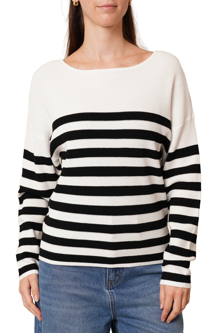 Stripe Waffle Sweater, Main, color, BRIGHT WHITE/ BLACK