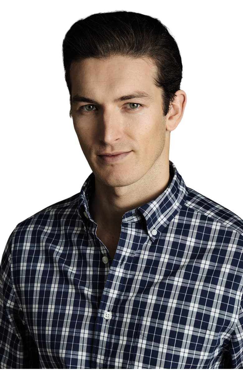 Charles Tyrwhitt Slim Fit Button-Down Collar Non-Iron Stretch Poplin Check Shirt, Alternate, color, Blue