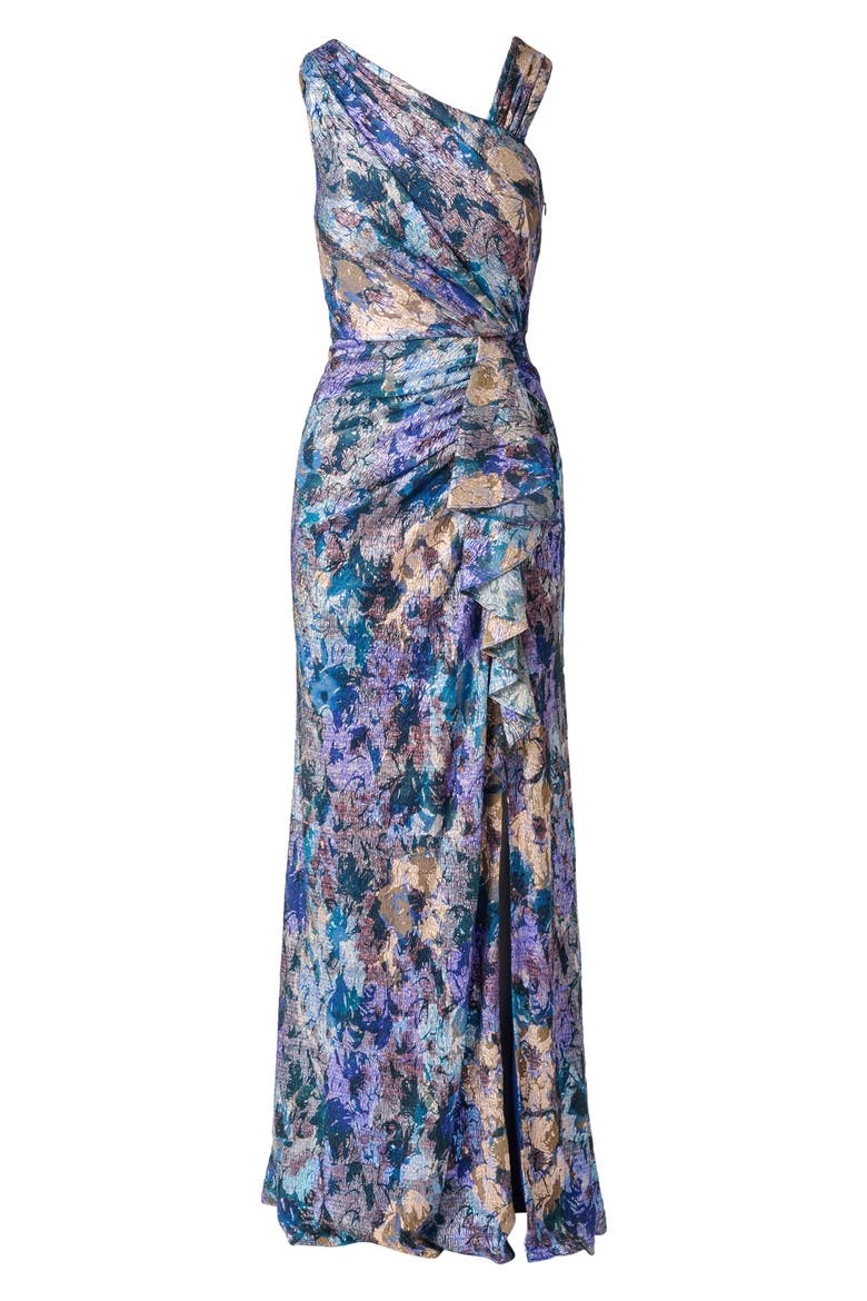 Floral Metallic Crinkle Asymmetric Neck Gown, Alternate, color, BLUE MULTI