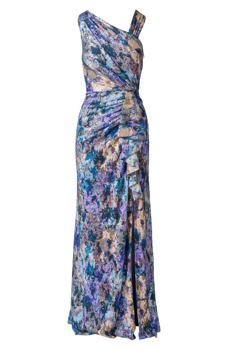 Adrianna Papell Floral Metallic Crinkle Asymmetric Neck Gown, Alternate, color, Blue Multi