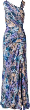 Adrianna Papell Floral Metallic Crinkle Asymmetric Neck Gown