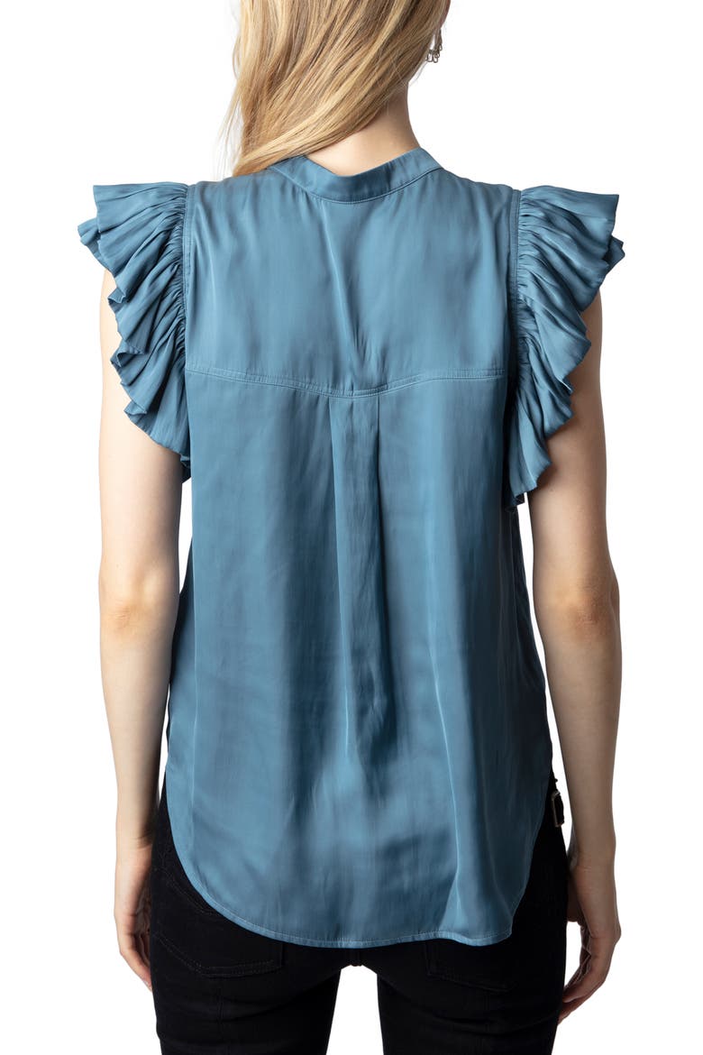 Tiza Ruffle Satin Button-Up Blouse, Alternate, color, BLUESTONE