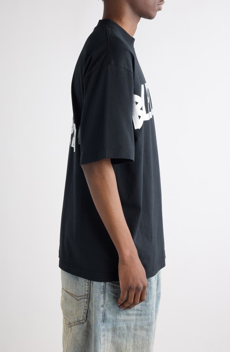 Balenciaga Distressed Tape Logo Cotton T-Shirt, Alternate, color, Faded Black/ Silver