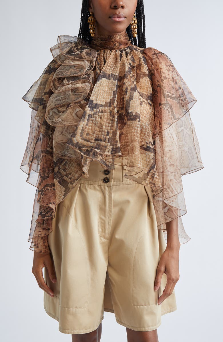 Zimmermann Memento Snakeskin Print Layered Chiffon Top, Main, color, Spliced Snake