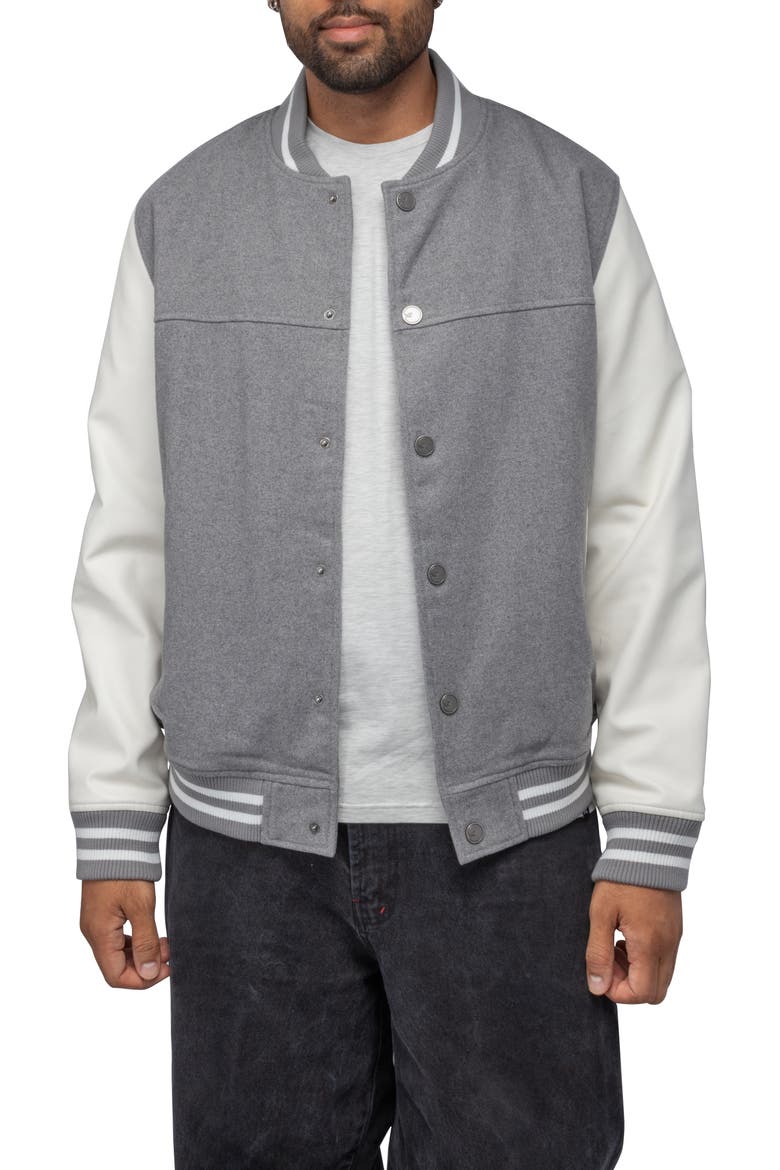 Mixed Media Faux Leather Bomber Jacket, Main, color, GREY/ WHITE