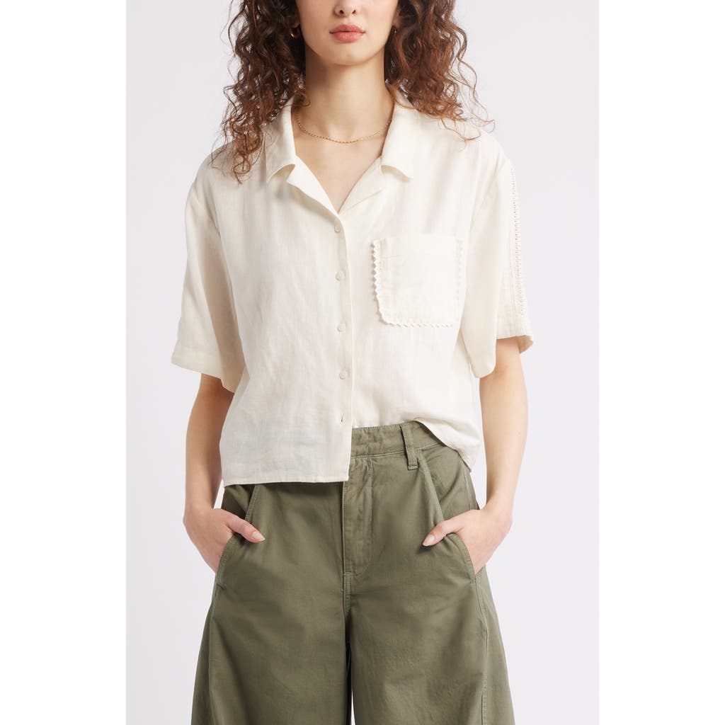 Shop Treasure & Bond Novelty Linen Blend Camp Shirt In Ivory Egret