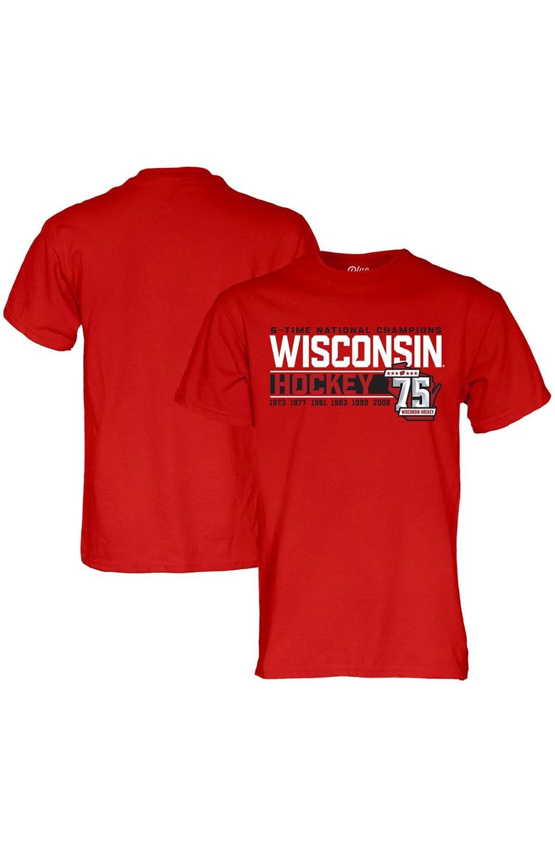 BLUE 84 Men's Blue 84 Red Wisconsin Badgers Men's Hockey 75th Season & Six-Time National Champions T-Shirt, Main, color,