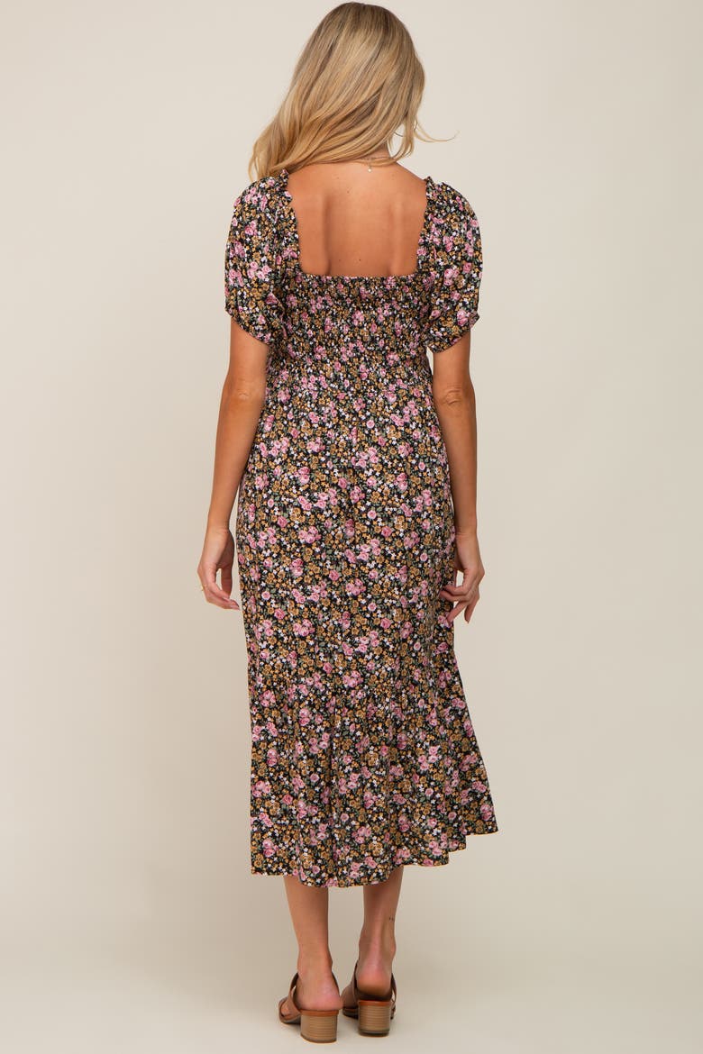 Floral Smocked Puff Sleeve Midi Dress, Alternate, color, Pink
