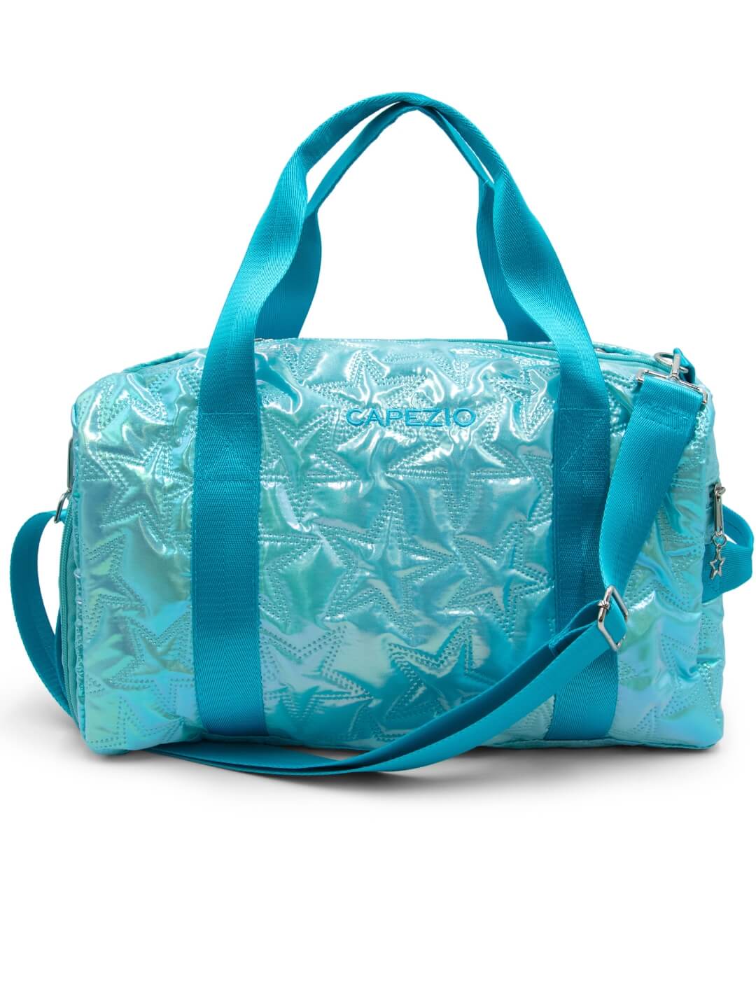 Metallic Star Travel Duffle, Main, color, turquoise/aqua