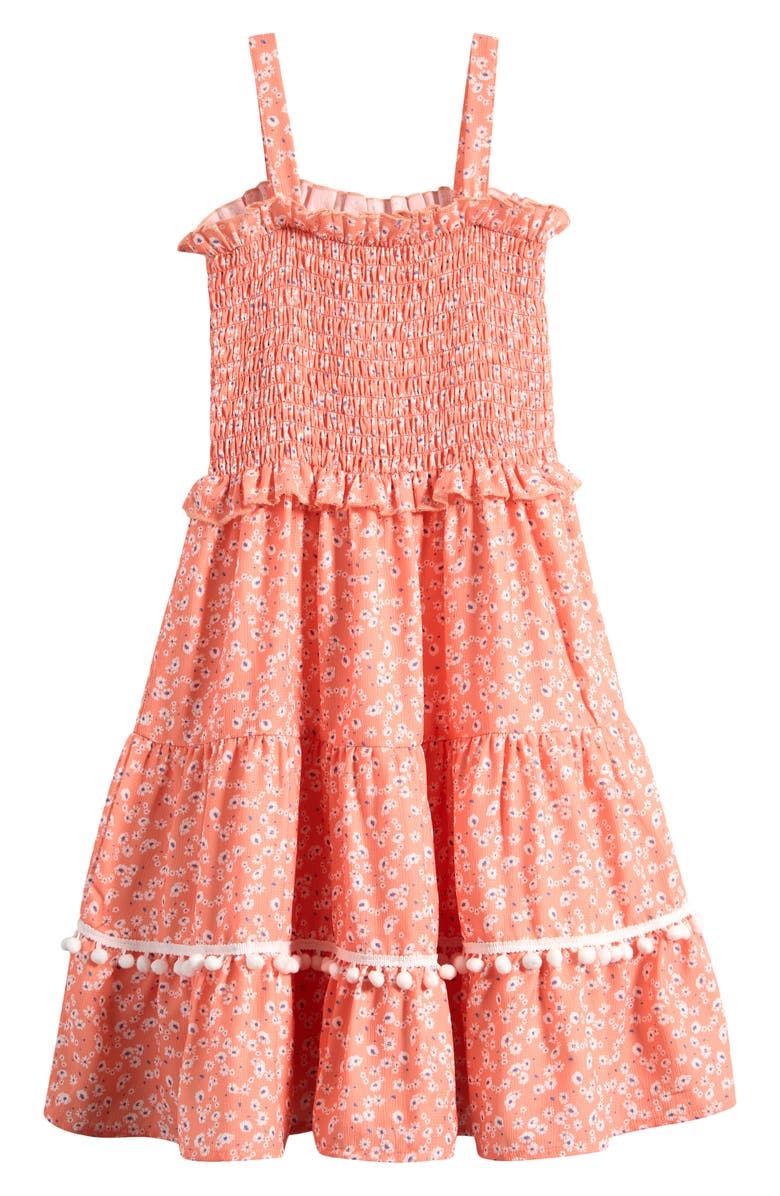 Ava & Yelly Kids' Smocked Tiered Sundress, Main, color, Orange Multi